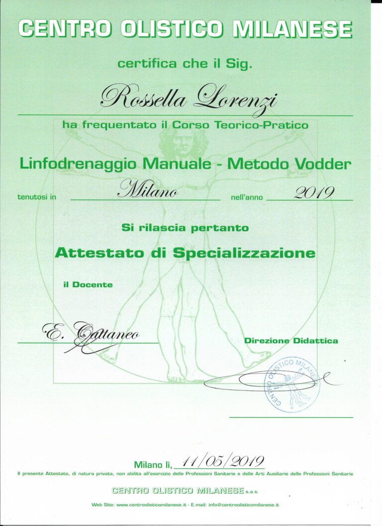 Attestato Linfodrenaggio metodo Vodder RoSsella Lorenzi