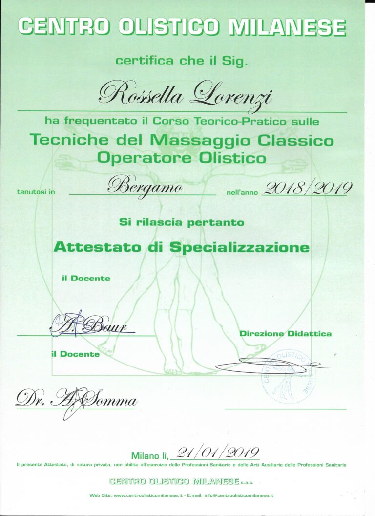 Attestato Massaggio Classico RoSsella Lorenzi